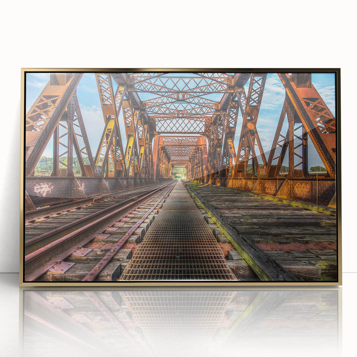Large art print of Connecticut scenery in mid-century modernist style, framed in gold acrylic.