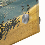 Mid-century modernist large abstract art print on acrylic glass, featuring dynamic shapes in vibrant colors.