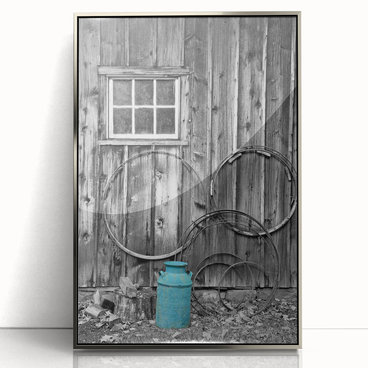 Mid-century modernist art depicting Delaware scenery in muted colors on a silver-framed acrylic print.