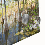 Large abstract depiction of the Everglades in muted green and blue tones on acrylic glass, ideal for dining room art.