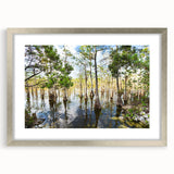 Textured art print of the Everglades in muted green and blue tones on a framed silver mat, suitable for bedroom decor.