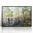 Large abstract wall art depicting the Everglades in muted green and blue tones on framed acrylic.