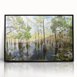 Large abstract wall art depicting the Everglades in muted green and blue tones on framed acrylic.