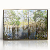 Framed acrylic print featuring a serene Everglades landscape in muted green and blue tones, ideal for modern art wall decor.