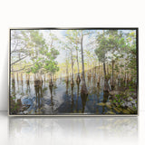 Mid-century modernist art depicting the Everglades in muted green and blue tones, framed acrylic.