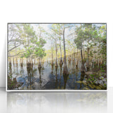 Acrylic print of a serene Everglades landscape in muted greens and blues, framed in white, suitable for modern nursery decor.