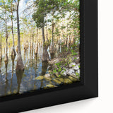 Close-up of black wall art featuring the Everglades scenery on a textured, framed canvas with vibrant greens and blues.
