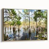 Framed canvas featuring a vintage-style landscape of the Everglades in black and gold tones, ideal for bedroom wall art.