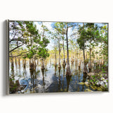 Framed canvas featuring a vintage-style landscape painting of the Everglades, with vibrant greens and blues.