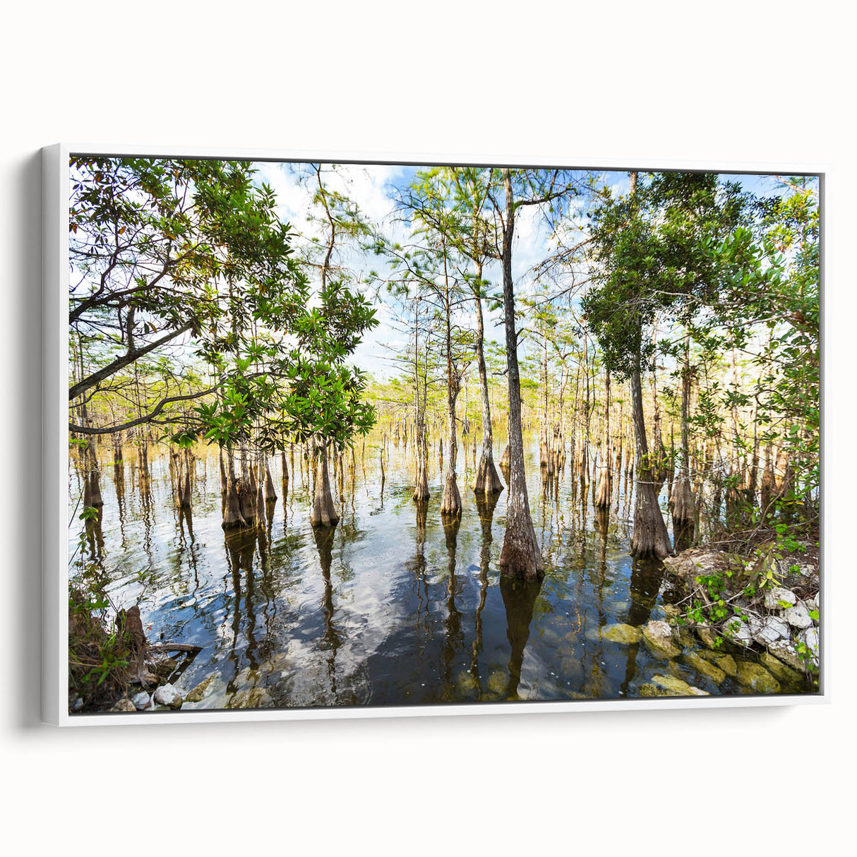 Vintage poster art of the USA Everglades on a framed canvas, featuring vibrant colors ideal for living room decor.