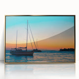 Framed acrylic print of the Florida Keys, featuring mid-century modernist style with serene blue and green tones.