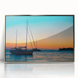 Mid-century modernist art depicting Florida Keys scenery in muted blue and green tones on a framed acrylic print.