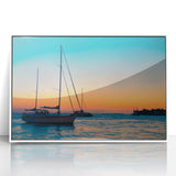 Art deco poster of Florida Keys scenery in muted blue and green tones on framed acrylic, ideal for modern art wall decor.