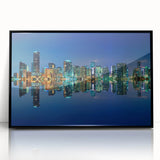 Large abstract wall art depicting Miami skyline in vibrant twilight hues, framed in black acrylic.