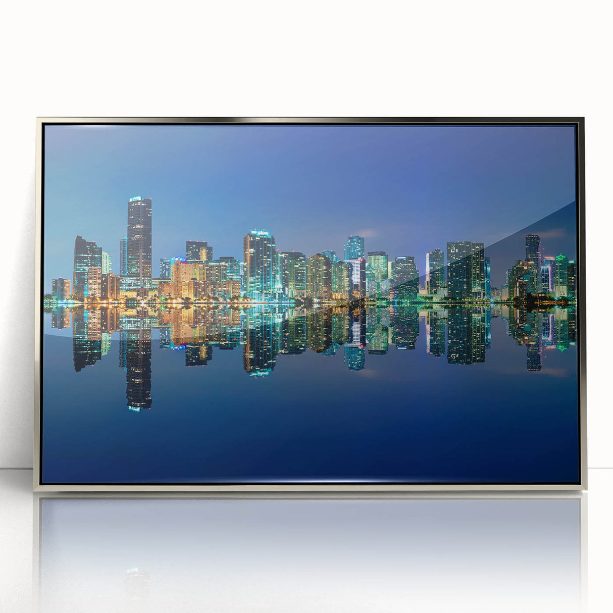 Mid-century modernist art of Miami skyline in pastel shades on silver-framed acrylic, ideal for nursery wall art.