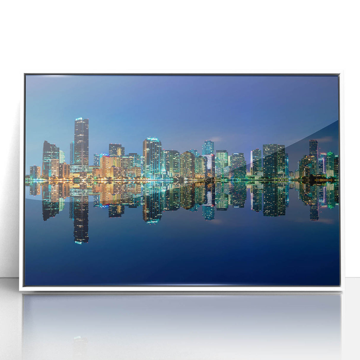 Art deco poster of Miami skyline in pastel shades on white acrylic frame, suitable for modern nursery wall decor.