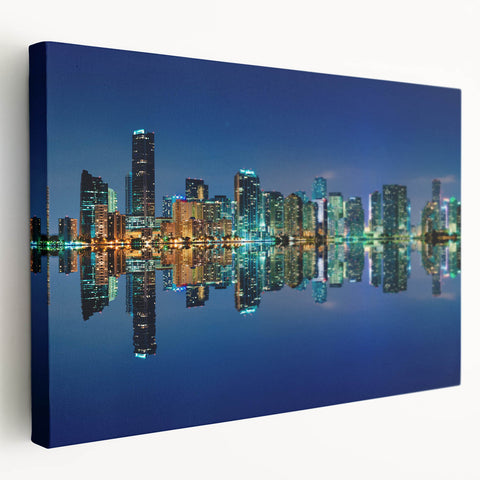Side view of a stretched canvas featuring a vibrant Miami skyline with pastel shades, ideal for kitchen wall art.