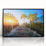 Large abstract wall art of Florida's Palm Beach in mid-century modernist style, acrylic print framed in black.