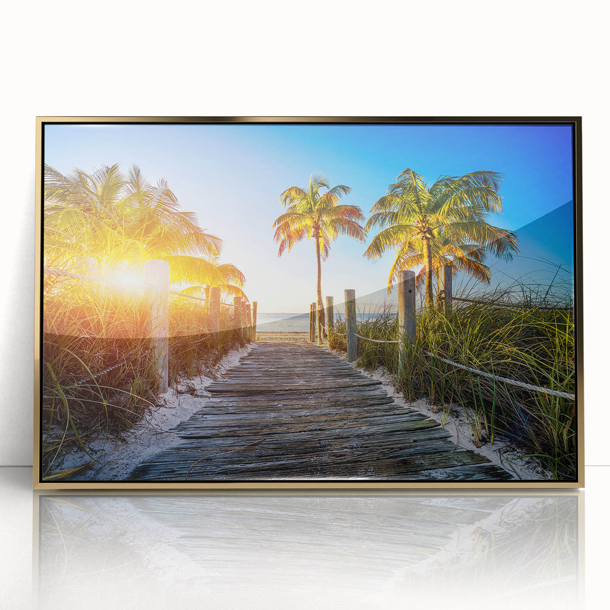 Mid-century modernist art print of Palm Beach, featuring bold blue and gold tones on framed acrylic.