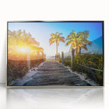 Mid-century modernist art depicting Palm Beach with silver-framed acrylic, ideal for nursery wall art.