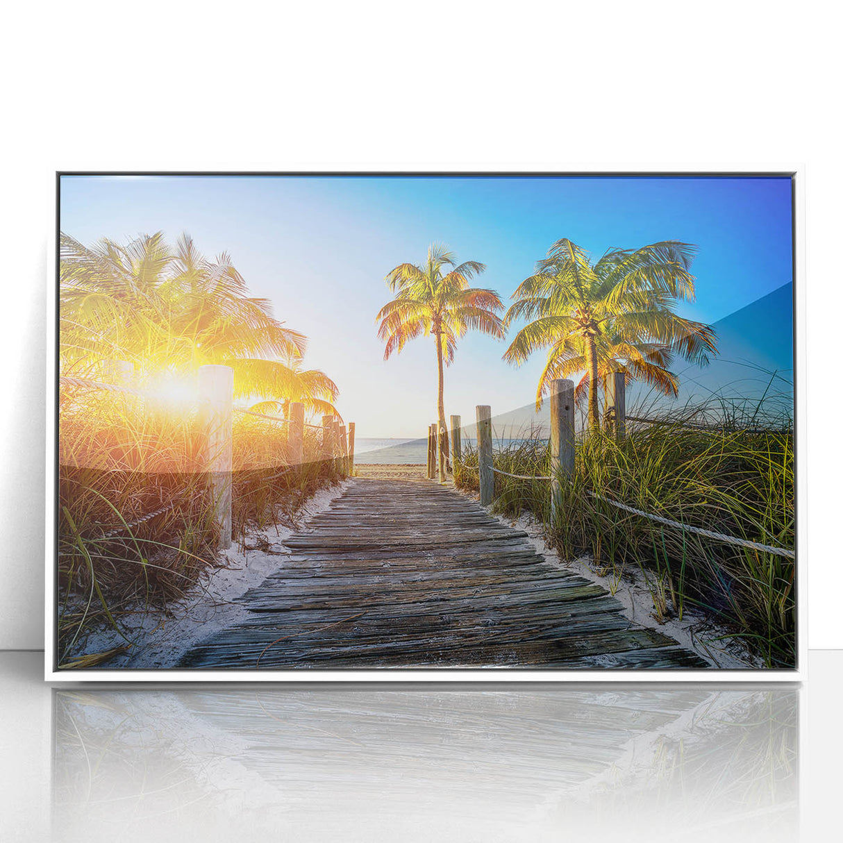 Art Deco-style poster depicting Palm Beach with pastel colors on framed acrylic, suitable for nursery wall art.