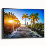 Black and white wall art featuring a vintage poster art style landscape of Palm Beach on framed canvas.