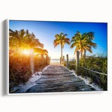 Vintage poster art of a Florida palm beach scene in vibrant colors on a framed canvas, ideal for living room decor.
