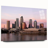 Acrylic print of a large abstract depiction of Tampa, USA, in cool blue and gray tones.