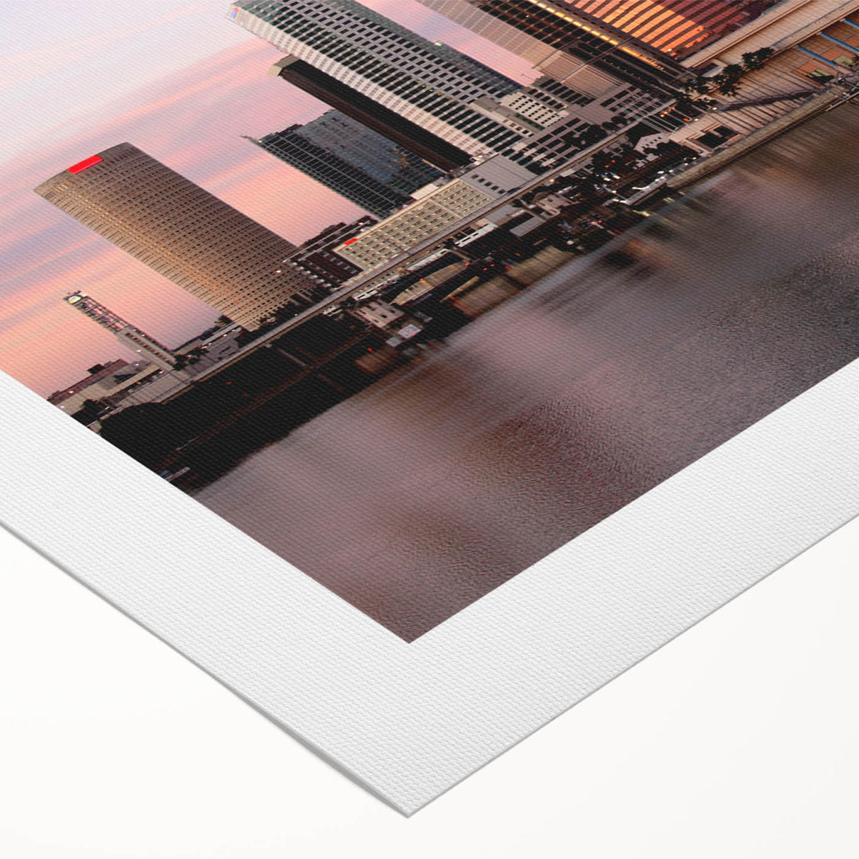 Art deco poster of Tampa skyline in muted blue and gold tones on rolled canvas, suitable for dining room wall art.