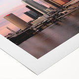 Art deco poster of Tampa skyline in muted blue and gold tones on rolled canvas, suitable for dining room wall art.