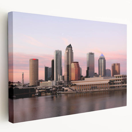 Panoramic view of Tampa skyline in muted earth tones on stretched canvas, suitable for kitchen wall art.