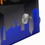 Large abstract depiction of the Atlanta skyline in muted gray and blue tones on acrylic glass, suitable for dining room art.