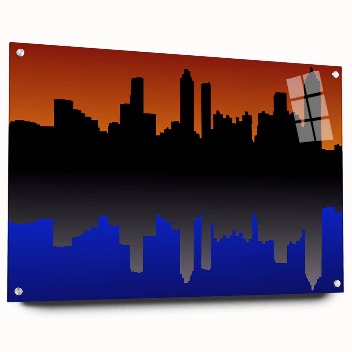 Acrylic print of the Atlanta skyline in vibrant twilight hues, suited for bedroom or dining room decor.