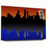 Acrylic print of the Atlanta skyline in muted gray and blue tones, suitable for bedroom or dining room art.