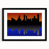 Extra large, colorful abstract art print of the Atlanta skyline with vibrant hues on a textured canvas, framed in black.