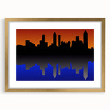 Extra large abstract art print of Atlanta skyline in muted gray and blue tones on a framed canvas.