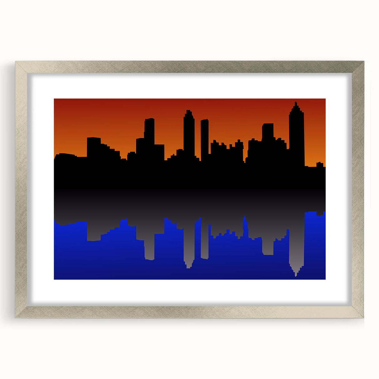 Textured abstract art print of the Atlanta skyline in muted gray tones on a framed canvas, ideal for bedroom decor.
