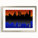 Textured abstract art print of the Atlanta skyline in muted gray tones on a framed canvas, ideal for bedroom decor.