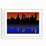 Abstract art print of Atlanta skyline in muted gray and blue tones on a framed white canvas.