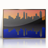 Mid-century modernist Atlanta skyline in gold and black hues on a framed acrylic, suitable for modern art wall decor.