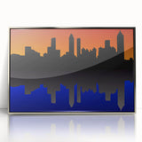 Mid-century modernist art depicting the Atlanta skyline in muted gray and blue tones on a silver-framed acrylic print.