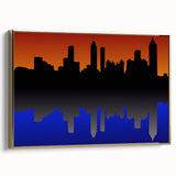 Framed canvas wall art featuring a vintage-style Atlanta skyline in muted gold and black tones, ideal for bedroom decor.