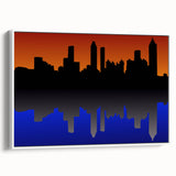 Vintage poster art of Atlanta skyline in colorful hues on a large framed canvas, ideal for living room decor.