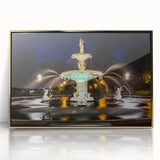 Framed acrylic print of Savannah, Georgia, skyline in gold and blue tones, suitable for modern nursery decor.