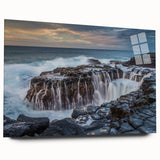 Acrylic print of a large abstract depiction of Kauai's landscape in vibrant green and blue tones.