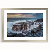 Textured art of abstract Kauai scenery, muted green and blue tones, in a silver frame, ideal for bedroom art.