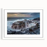 Abstract art print of Kauai landscape in muted green and blue tones on a framed white mat, ideal for dining room decor.
