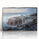 Mid-century modernist art of Kauai's landscape on a silver-framed acrylic, featuring muted green and blue tones.