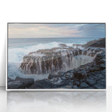 Acrylic print of a serene Kauai landscape in pastel colors, framed in white, suitable for modern nursery decor.