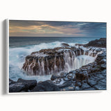 Vintage poster art of Kauai landscape, colorful palette in black frame, ideal for living room décor.